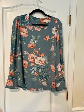 LOFT Blue Gray Floral Long-Sleeve Blouse